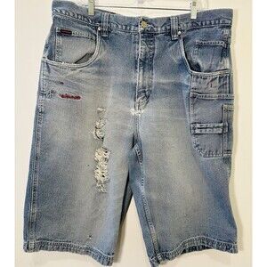 FUBU The Collection Mens Denim Carpenter Shorts W40 Blue Distressed Y2K Hip Hop